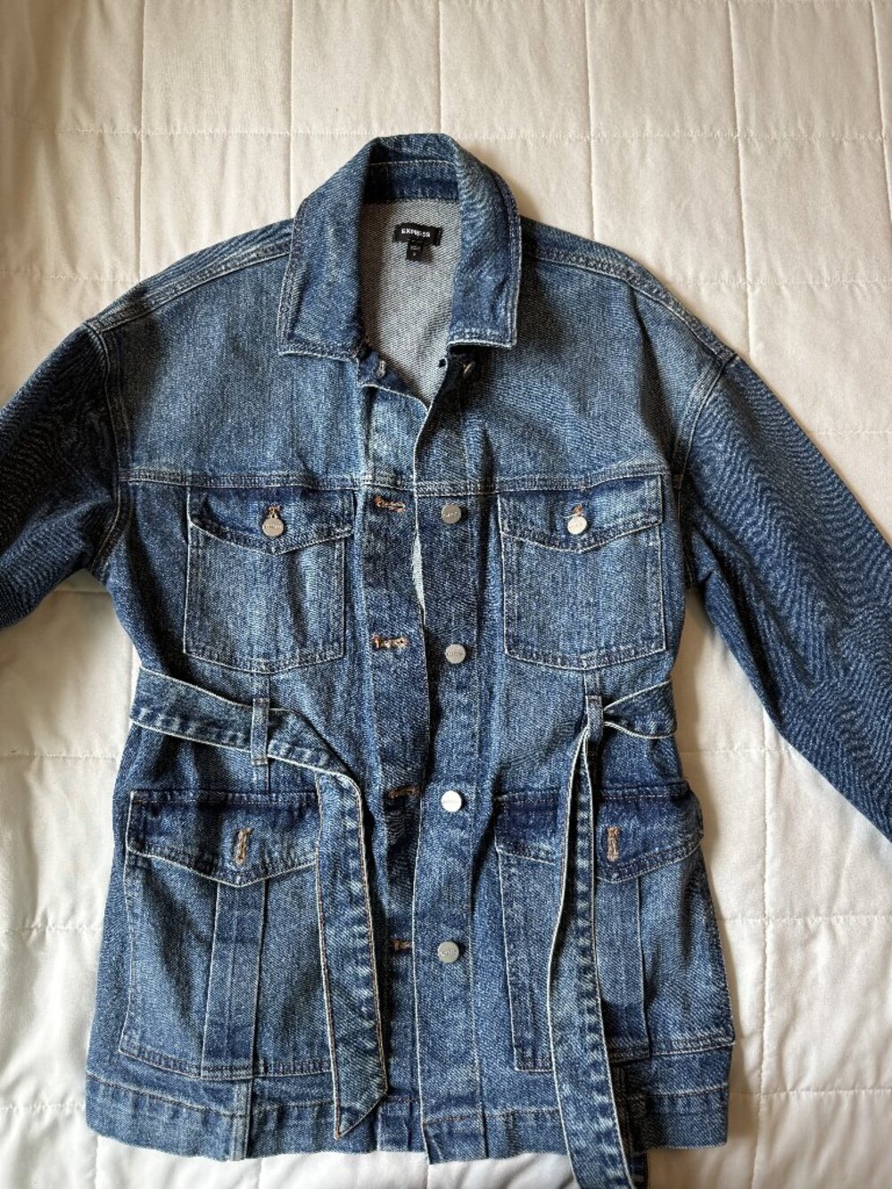 Express Belted Denim Jacket Medium Wash Button Front Size Small